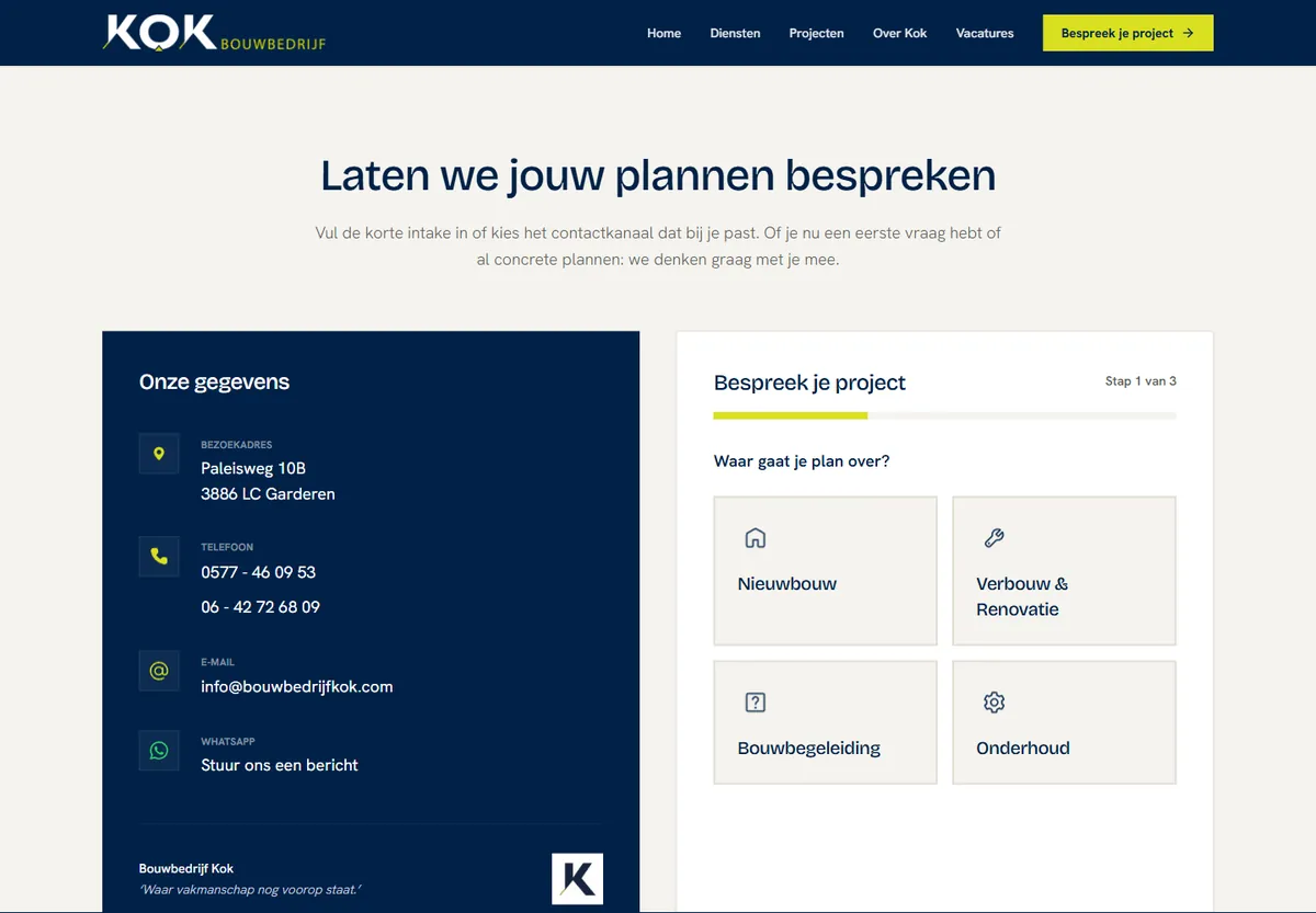 Contactpagina van Bouwbedrijf Kok met de aanvraag in drie stappen