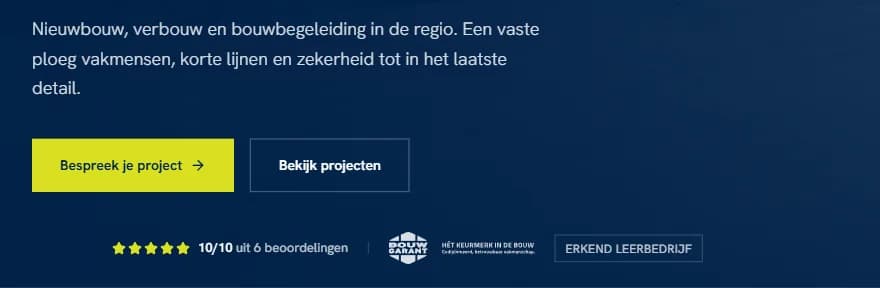 Onderin de homepage van Bouwbedrijf Kok: beoordelingen, BouwGarant en erkend leerbedrijf