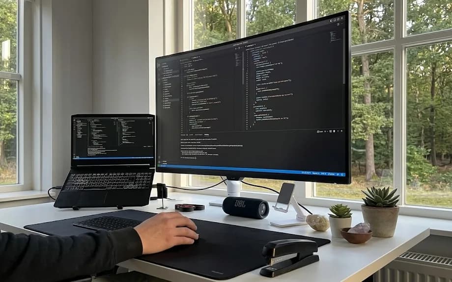 Werkplek bij Fixels met code op het scherm